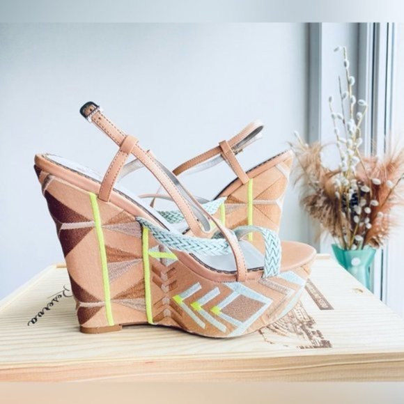 Vintage Sam Edelman Wedge Platform Mozaic Strappy Sandals - Picture 2 of 14